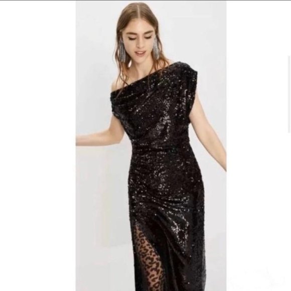 Zara Draped Off The Shoulder Sequin Cocktail Dress - Picture 3 of 3